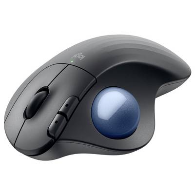 Ergonomische kabellose Maus in Schwarz mit blauem Trackball an der Seite, geeignet für präzise Steuerung und komfortable Bedienung.