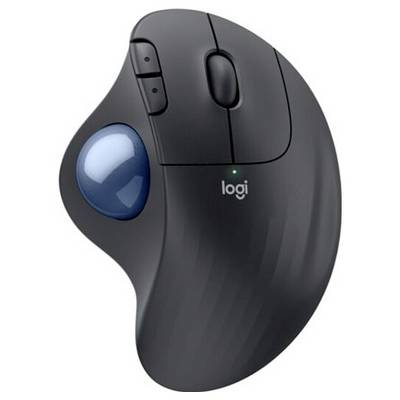 Kugelförmige graue Computermaus mit blauer Trackball links. Zwei Tasten und Scrollrad oben. Markenlogo 'logi' sichtbar.