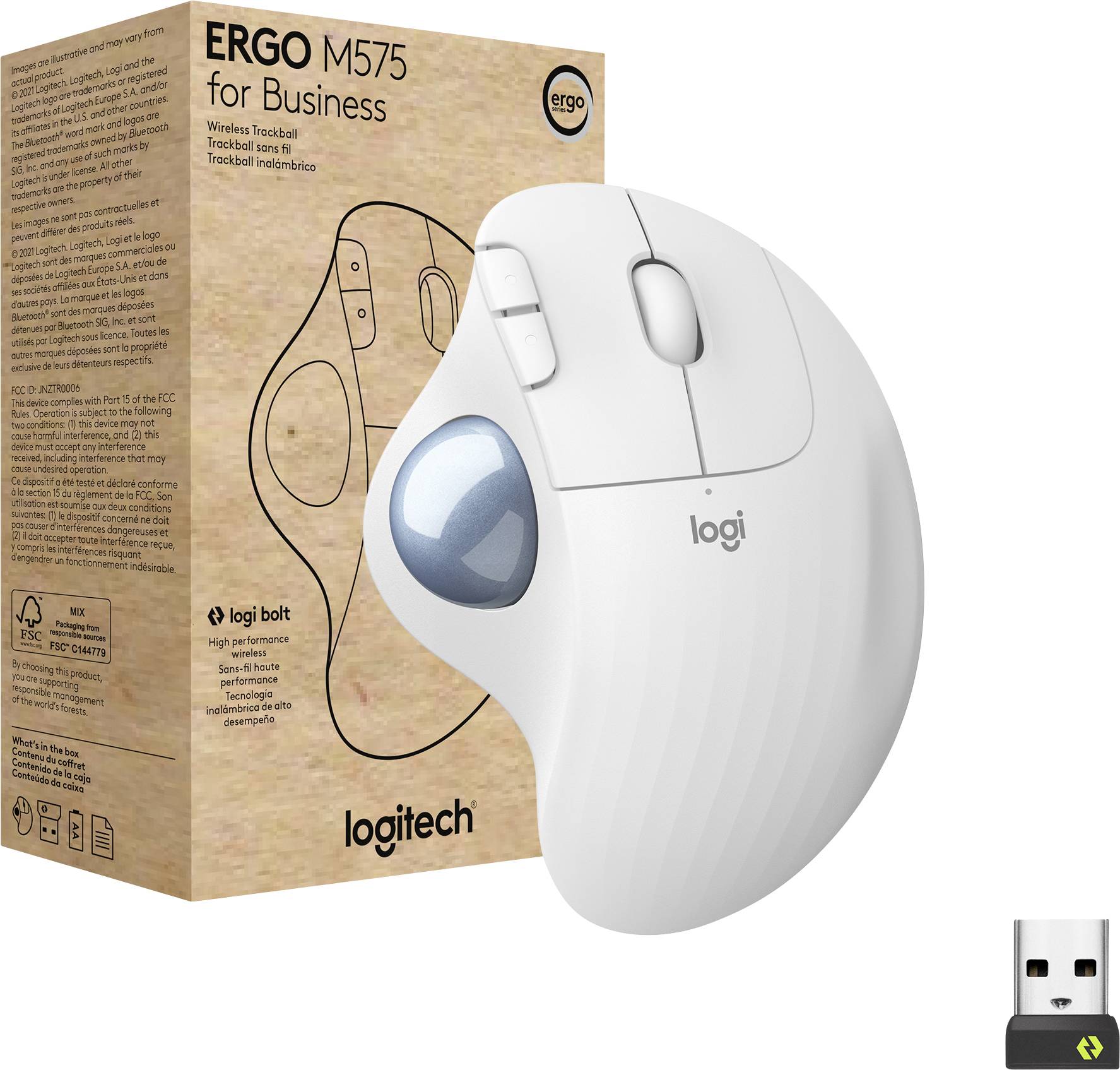 Eine ergonomische, weiße drahtlose Trackball-Maus von Logitech neben ihrer Verpackung und USB-Empfänger. Modell: ERGO M575.