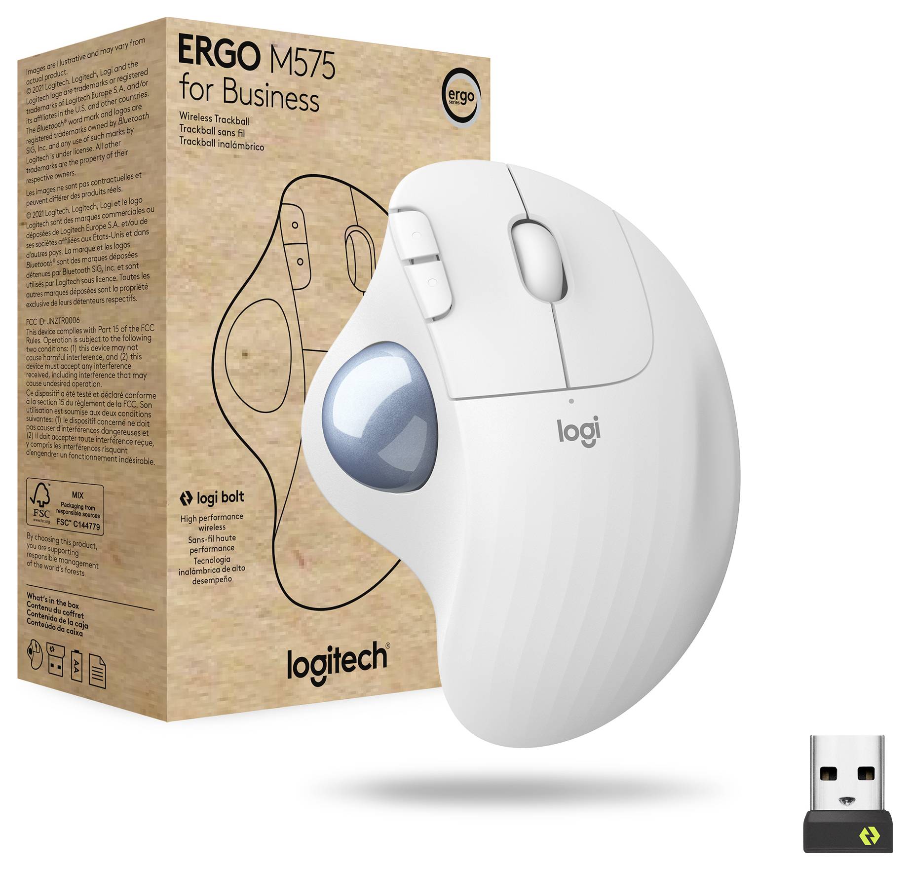 Kabelloser ergonomischer Trackball-Maus mit USB-Empfänger vor der Verpackung. Ideal für komfortables Arbeiten.