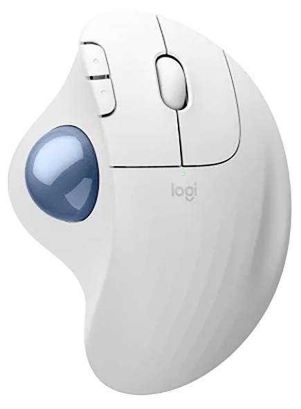 Ein weißer ergonomischer Trackball-Maus mit zwei Tasten, einem Scrollrad und einem blauen Trackball an der linken Seite.