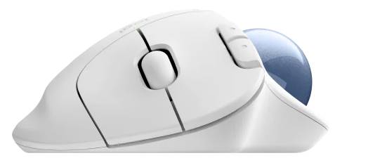 Eine weiße ergonomische Maus mit seitlichem blauen Trackball, geeignet für komfortables, präzises Computer-Navigieren ohne Handbewegung.