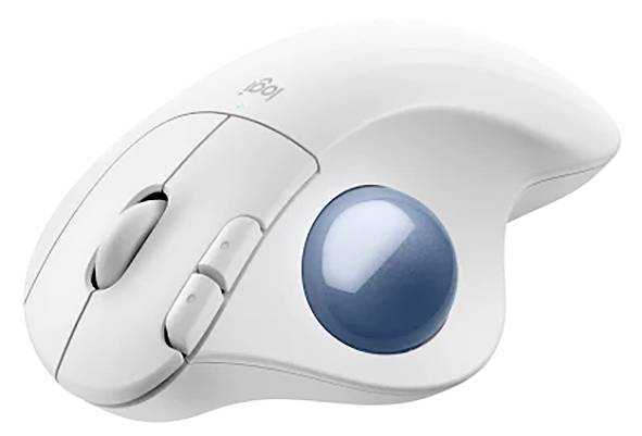Weiße ergonomische Computermaus mit einem blauen Trackball an der Seite; mehrere Tasten für verschiedene Funktionen.