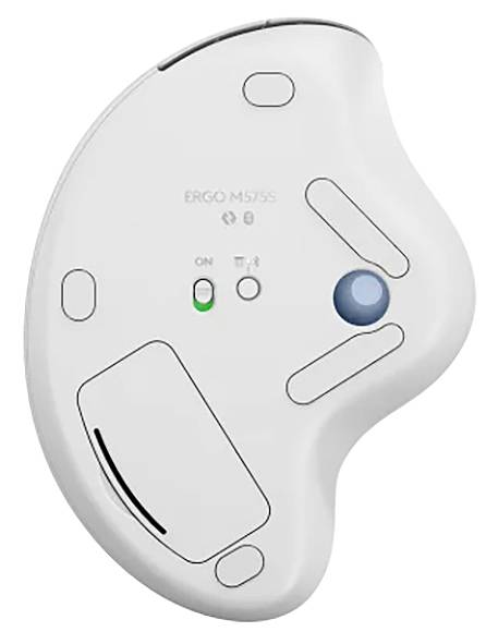 Die Unterseite einer ergonomischen Computermaus mit Ein-/Ausschalter und Sensor. Modellbezeichnung 'ERGO M575S'.
