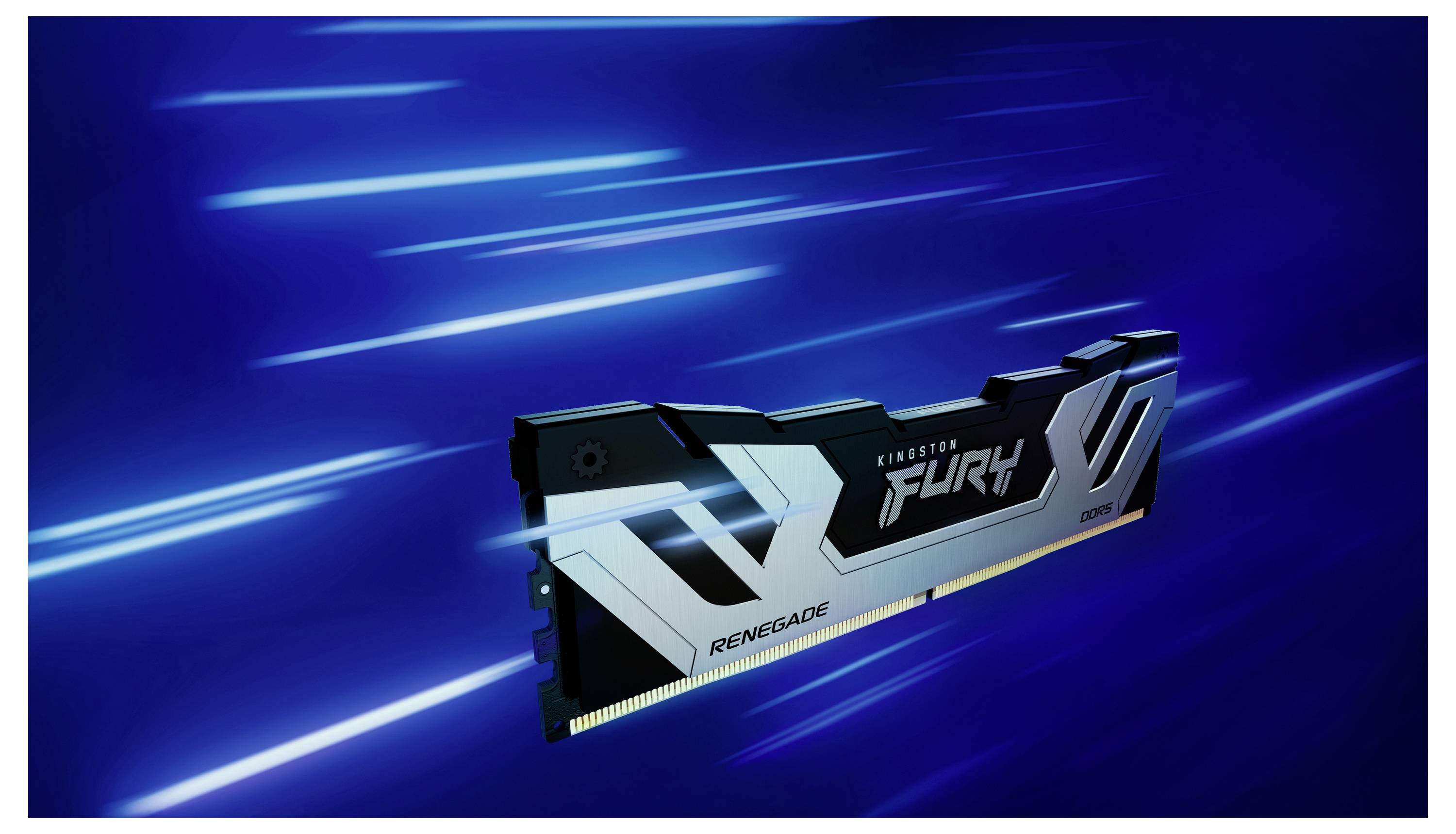 Arbeitsspeicher-Modul mit 'Kingston Fury'-Aufschrift vor blauem Hintergrund, der Geschwindigkeit und Technologie symbolisiert.