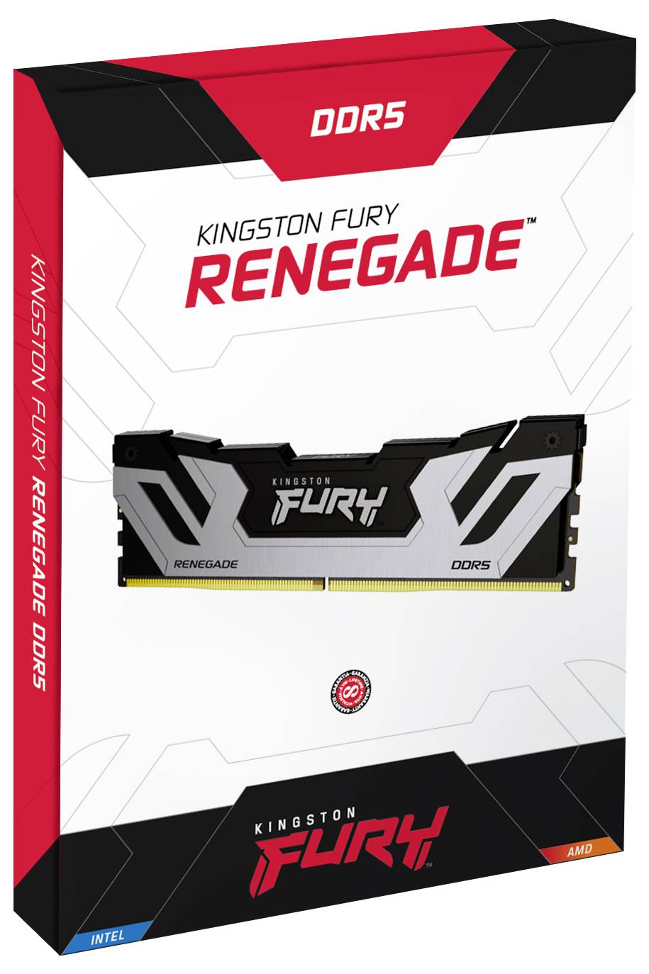 'Verpackung von Kingston Fury Renegade DDR5 RAM, optimiert für Intel und AMD. Schwarz-weißes Design mit roter DDR5-Beschriftung.'