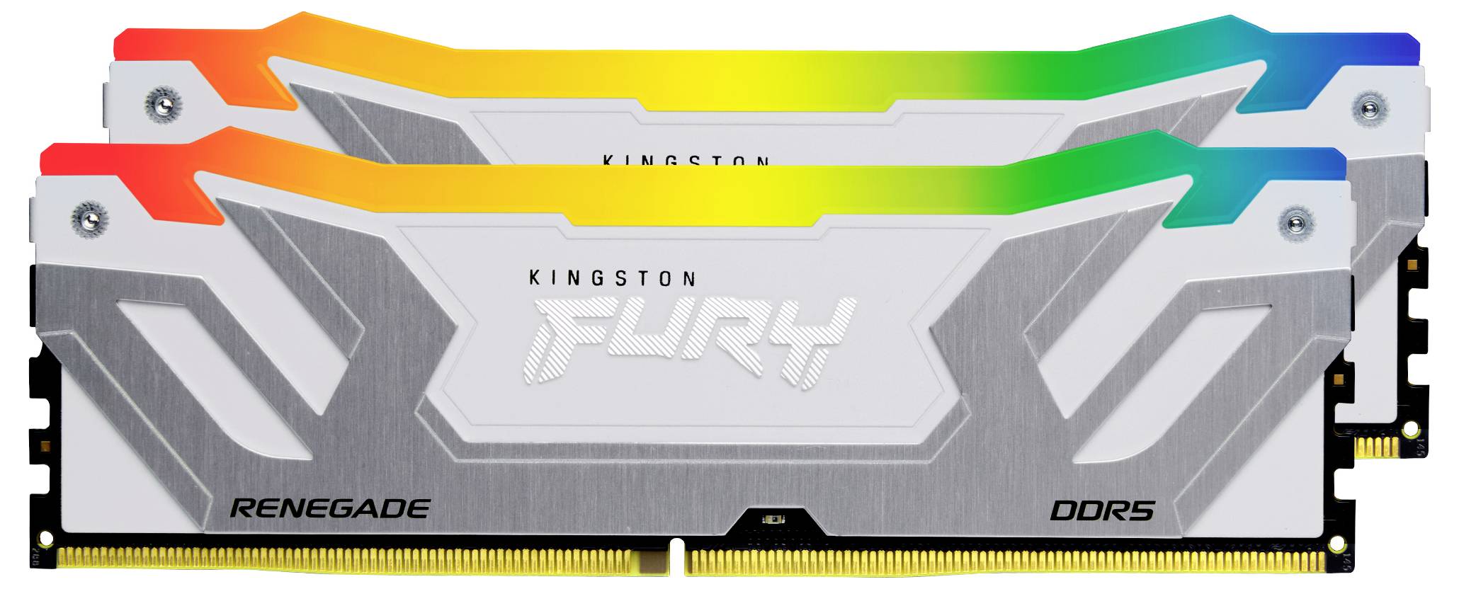 Zwei Kingston RAM-Module mit der Aufschrift 'FURY', silberne Kühlkörper, bunte RGB-Beleuchtung oben, für Hochleistungs-PCs geeignet.