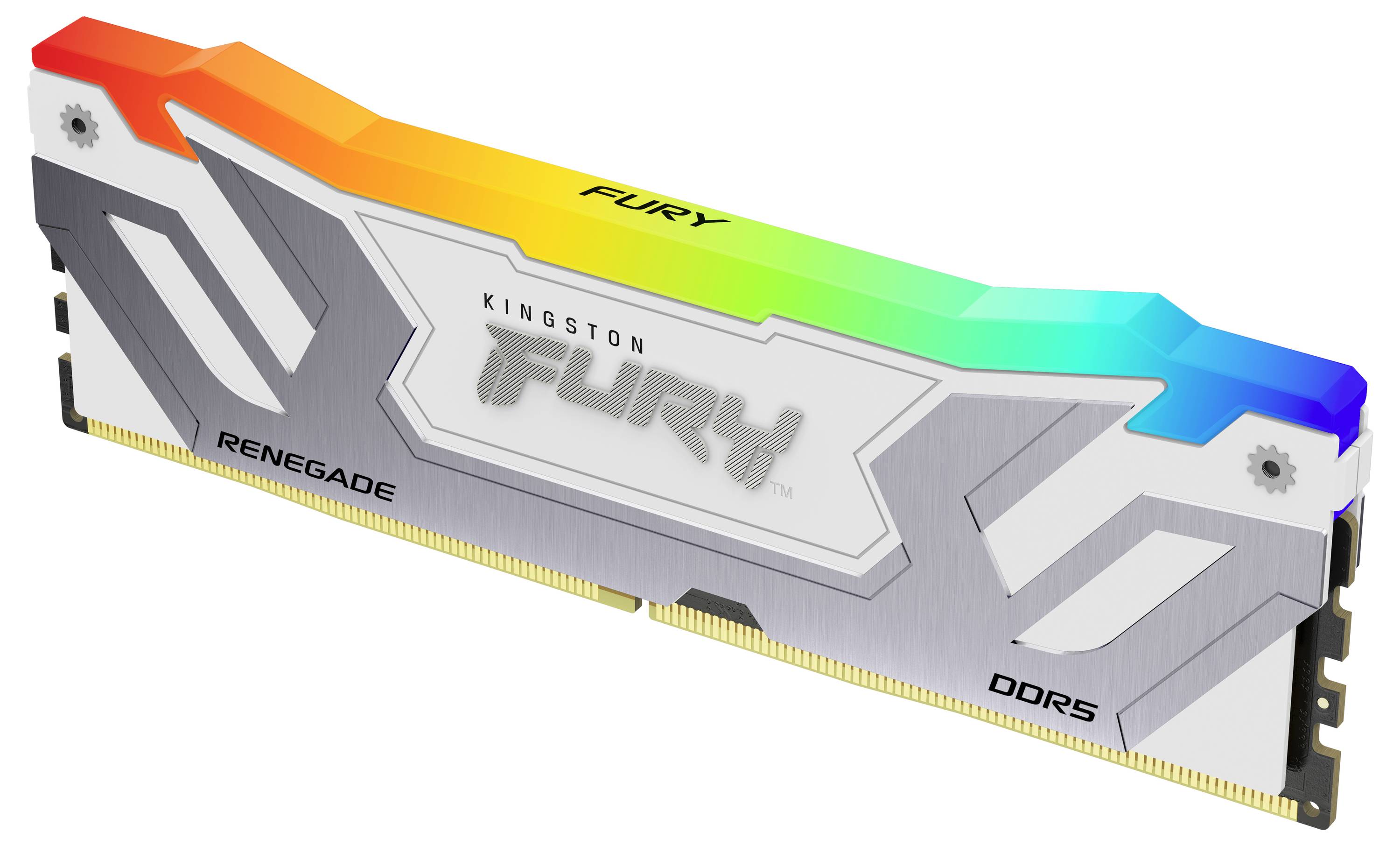 Ein silberner Kingston FURY Renegade DDR5-RAM-Stick mit RGB-Beleuchtung, die von Orange zu Blau verläuft.