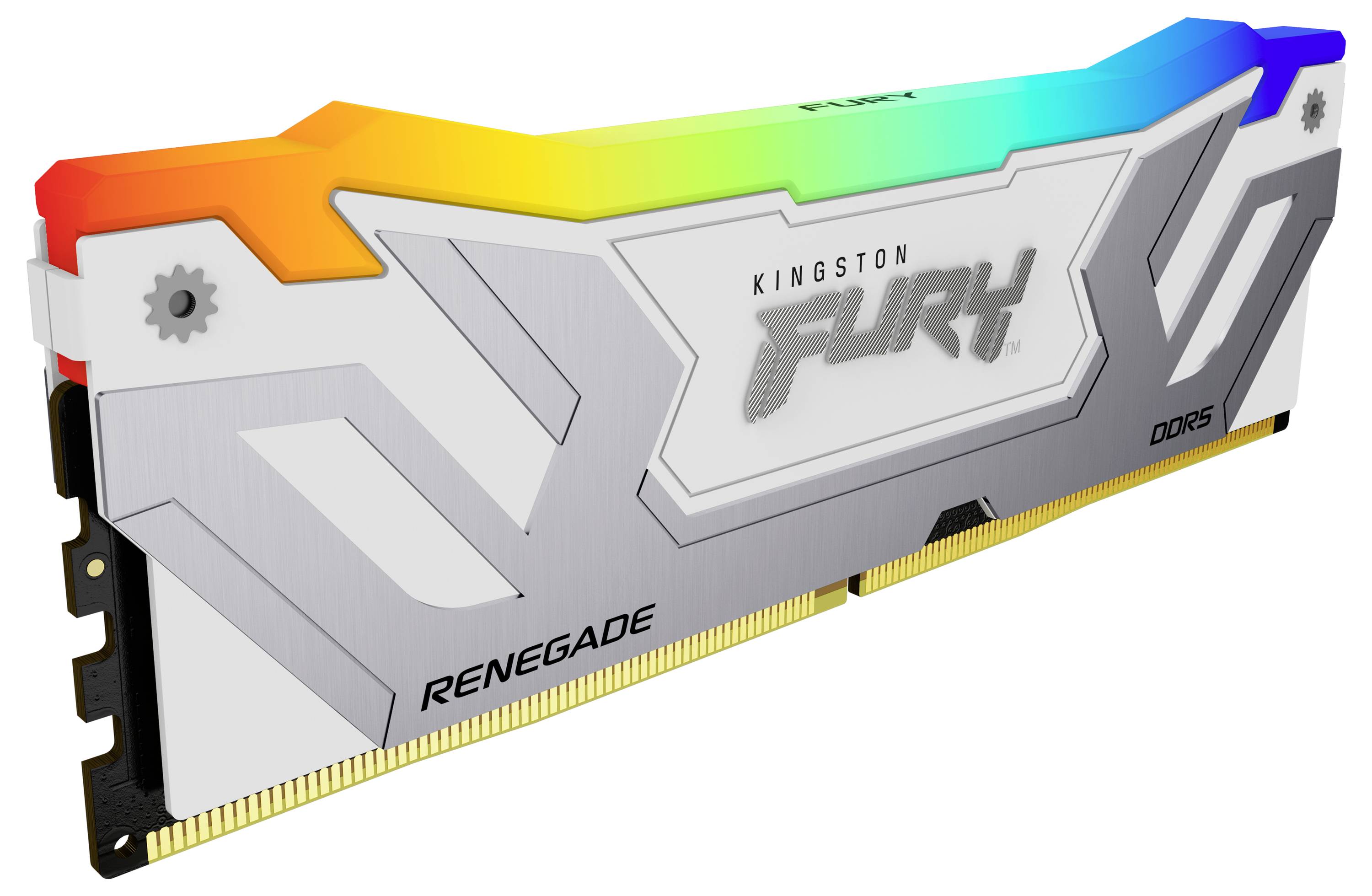 Ein weißer DDR5-RAM-Riegel von Kingston mit RGB-Beleuchtung, Modell 'Fury Renegade'.