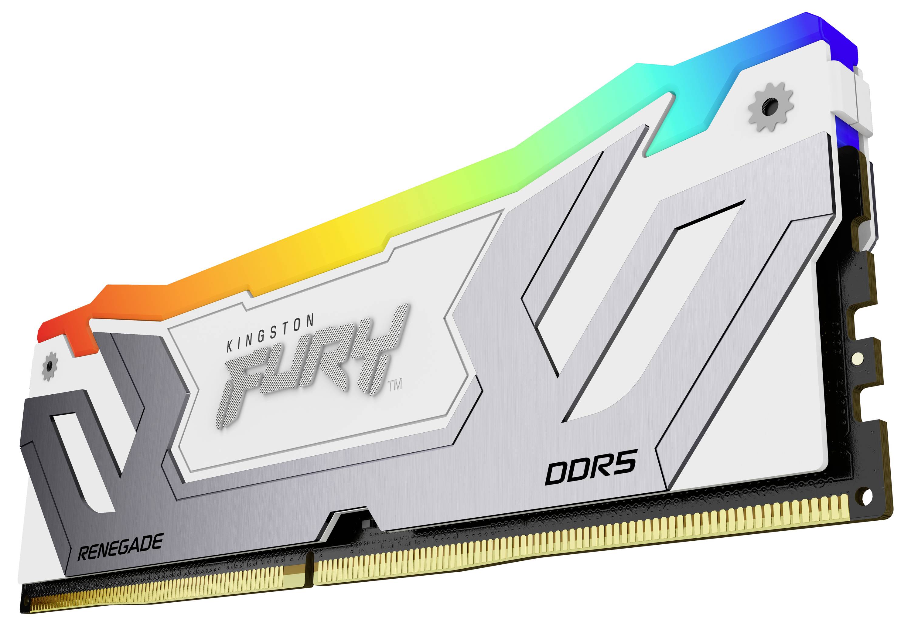 Speichermodul Kingston Fury Renegade DDR5, mit weißen und grauen Akzenten und mehrfarbiger RGB-Leiste oben.