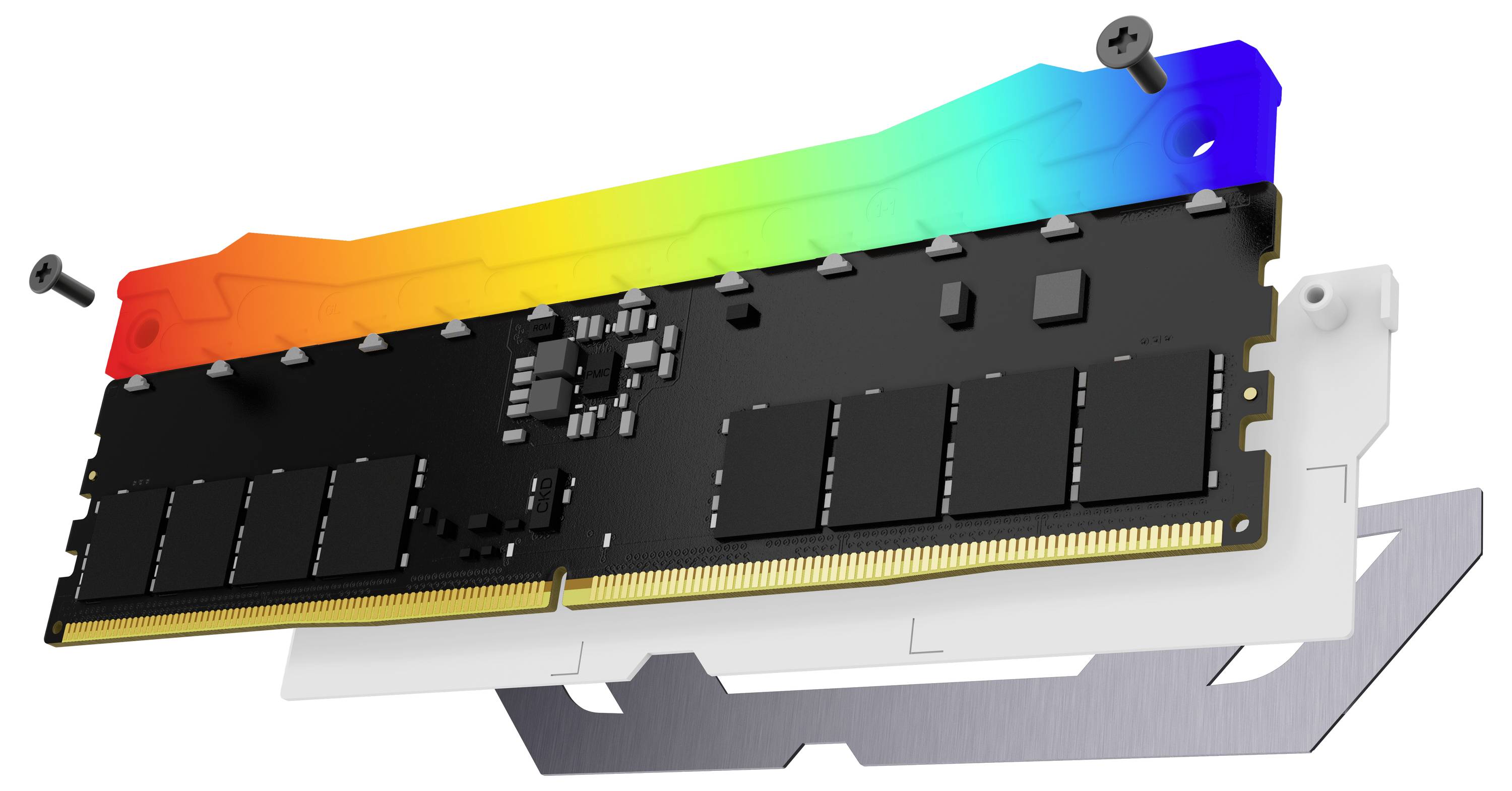 RGB-beleuchteter RAM-Riegel mit farbveränderndem Lichteffekt. Zwei Schrauben und eine weiße Halterung sind im Bild sichtbar.