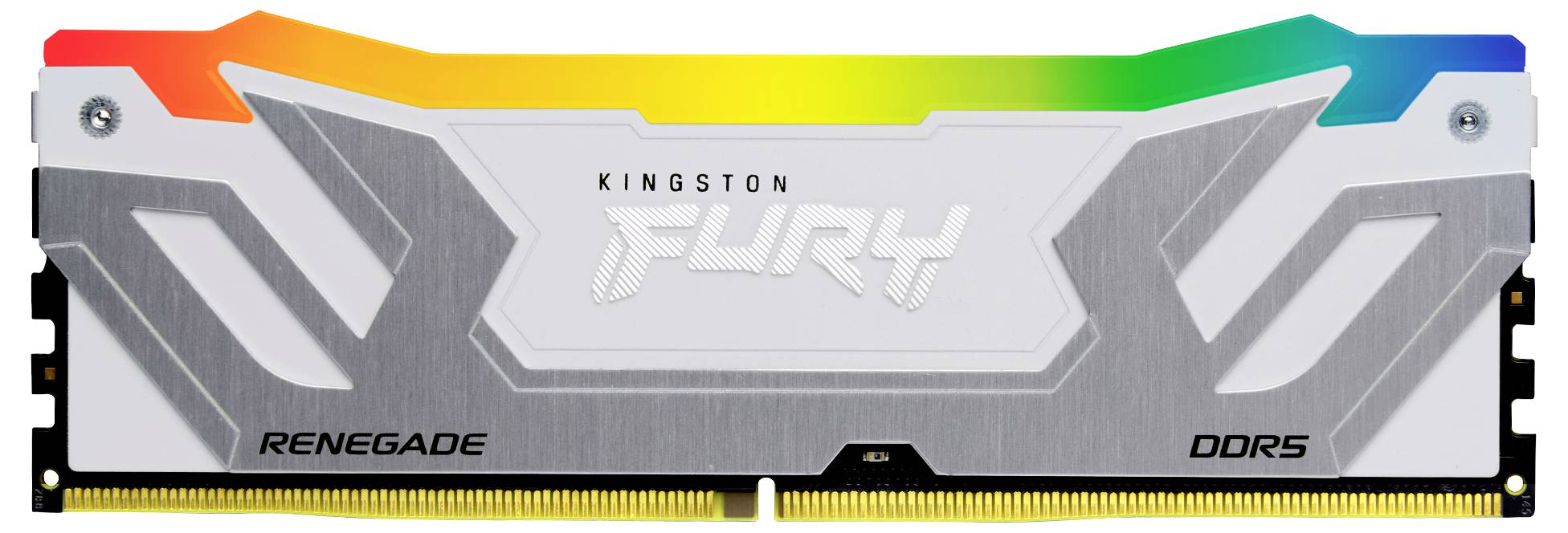 RAM-Modul von Kingston Fury Renegade DDR5 mit weißem Kühlkörper, silbernen Akzenten und leuchtender RGB-Leiste an der Oberseite.