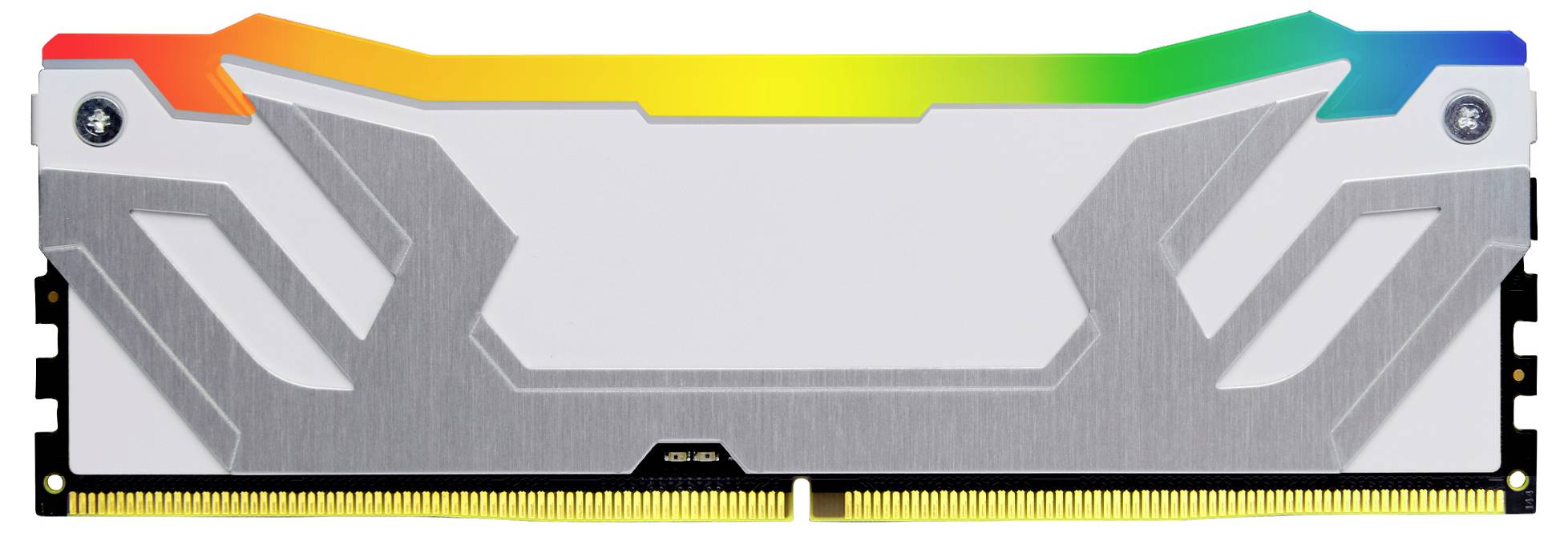 Ein Computer-RAM-Riegel mit RGB-Beleuchtung, die oben in Regenbogenfarben leuchtet. Das Design ist futuristisch mit grauen Akzenten.