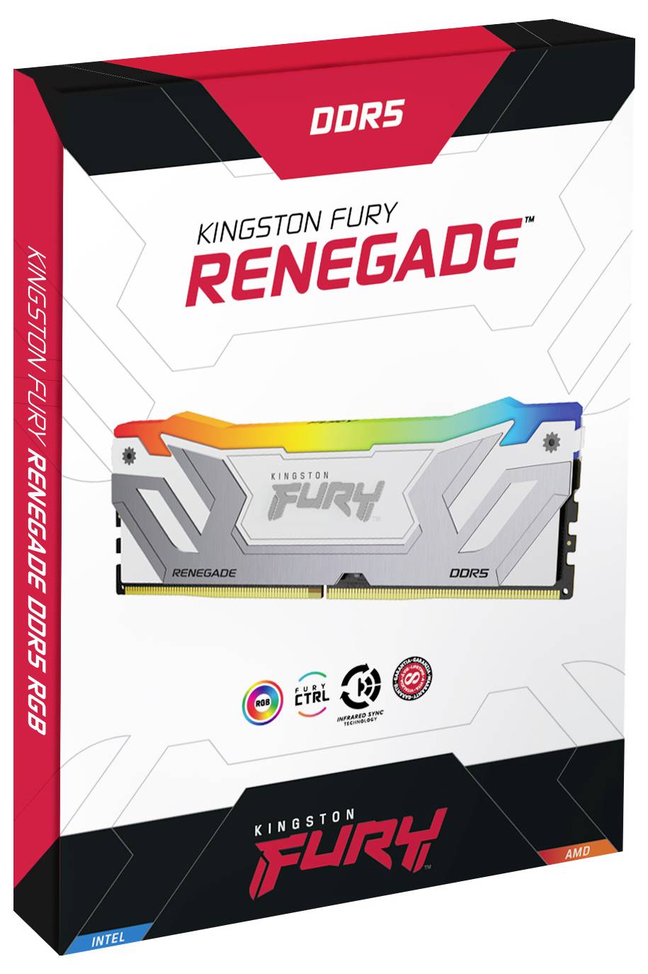 Verpackung einer DDR5 RAM-Speichermodulserie 'Kingston Fury Renegade' mit RGB-Beleuchtung. Kompatibel mit Intel und AMD.