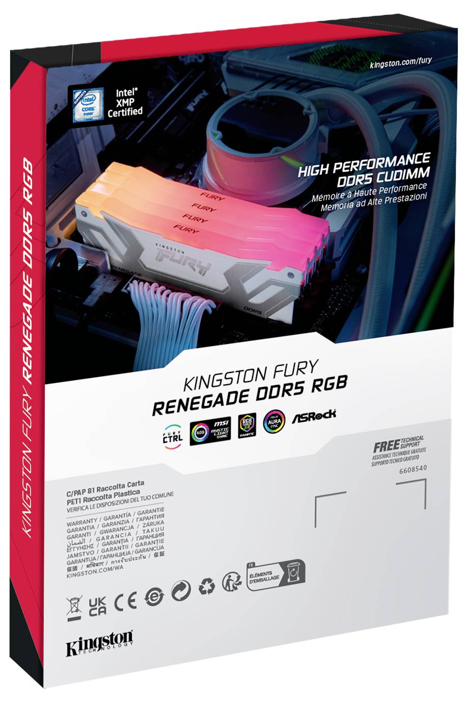 Verpackung einer Kingston Fury Renegade DDR5 RGB RAM. Zeigt Produktdetails und Zertifizierungen; hebt hohe Leistung und RGB-Beleuchtung hervor.