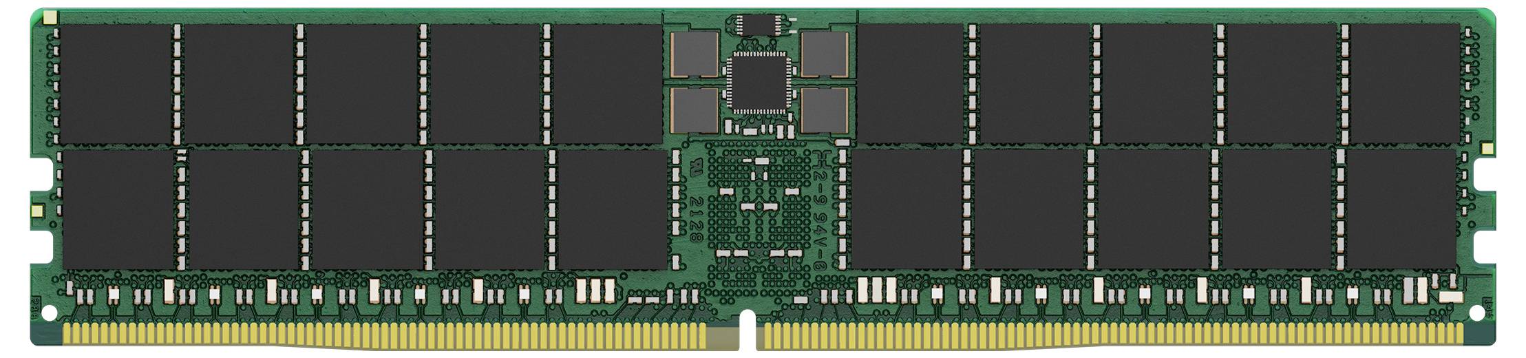 Eine Speichermodulplatine mit mehrschichtigen Speicherchips, typisch für RAM in Computern, auf weißem Hintergrund.