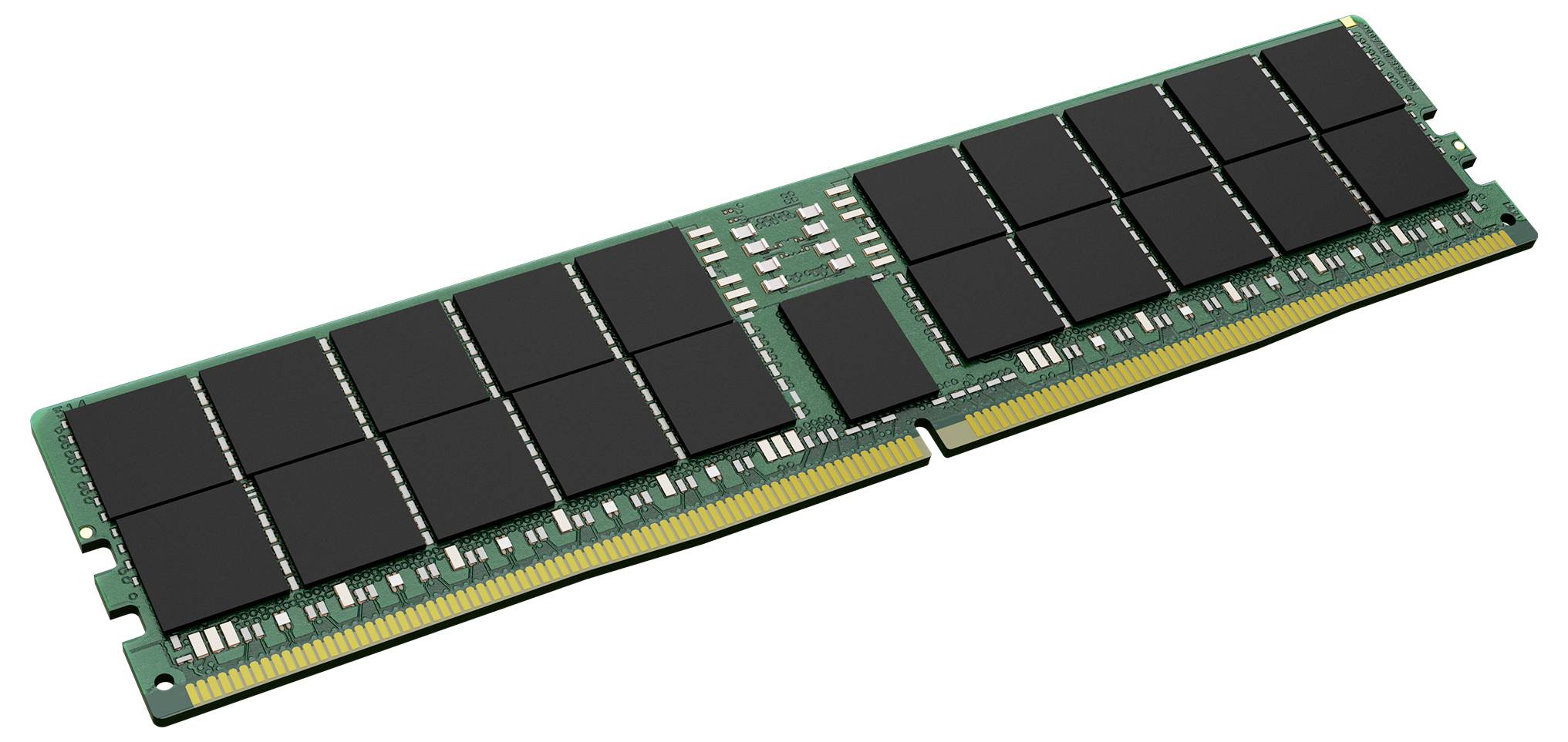 Ein grüner RAM-Speicherstreifen mit schwarzen Speicherchips und goldenen Kontaktleisten, für Computerhardware.