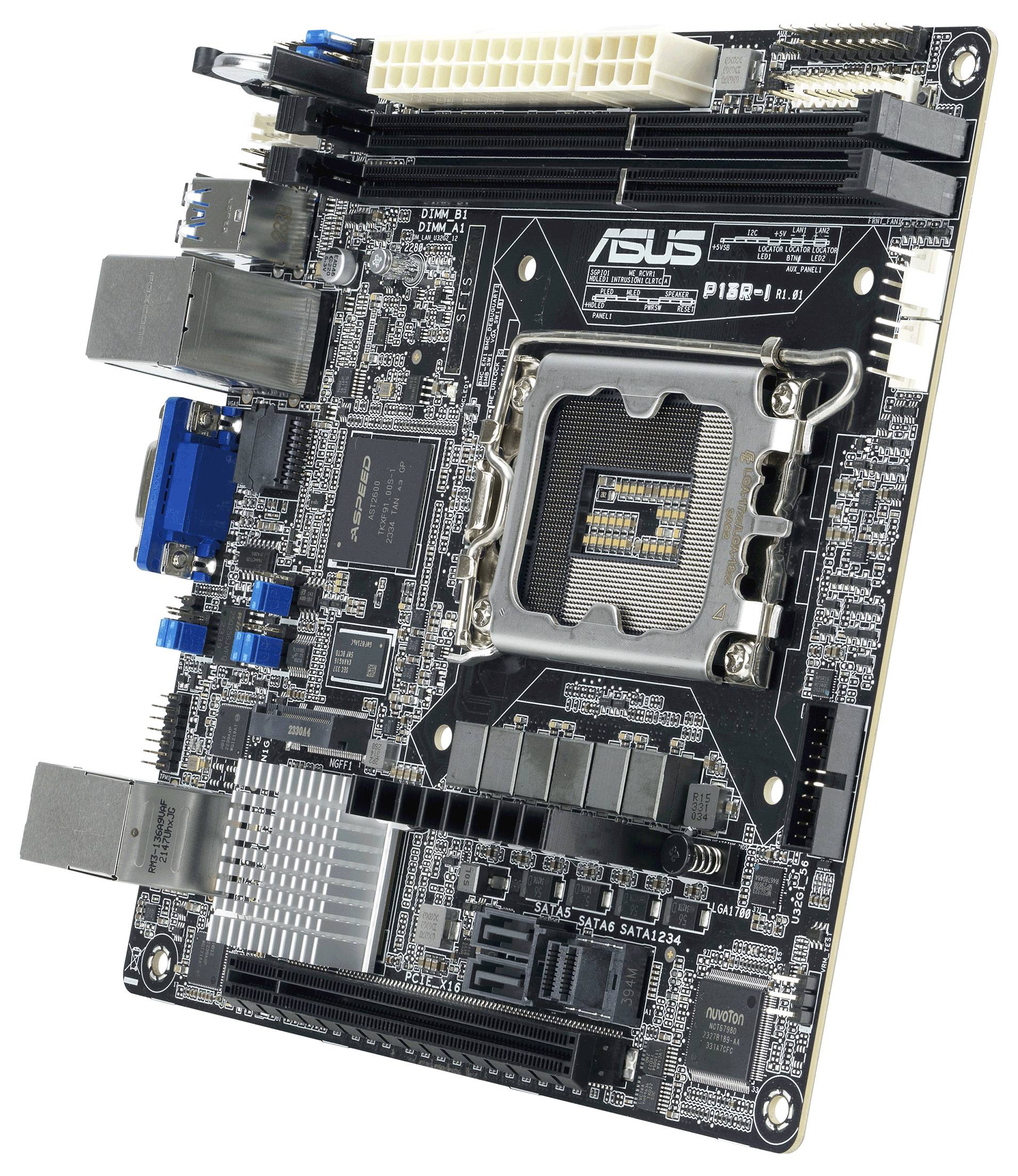 Eine ASUS Hauptplatine mit verschiedenen Anschlüssen und einem CPU-Sockel, vertikal gehalten. Geeignet für PC-Komponentenmontage.