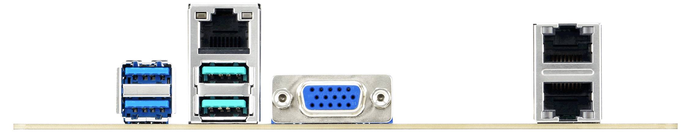 Mehrere Computeranschlüsse auf der Rückseite eines Motherboards; erkennbar sind USB- und VGA-Ports sowie Ethernet-Anschlüsse.