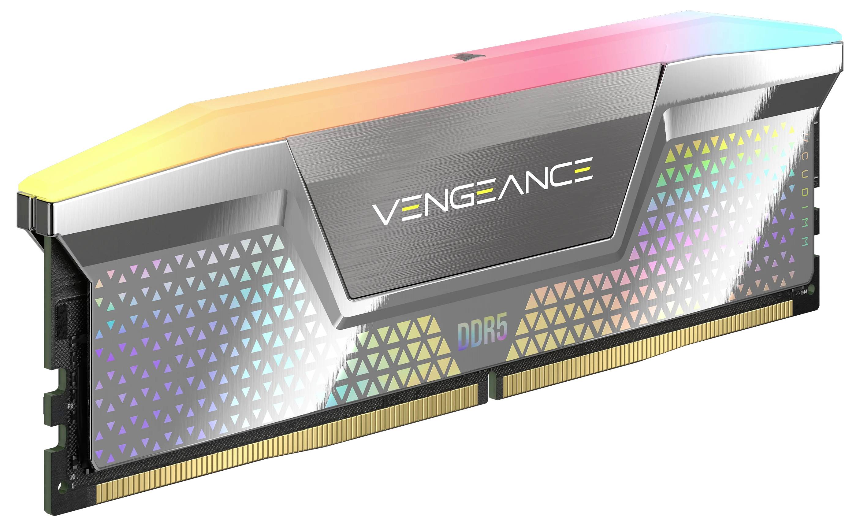 DDR6-Arbeitsspeichermodul mit RGB-Beleuchtung und dem Markennamen 'Vengeance' auf einem metallischen Gehäuse.