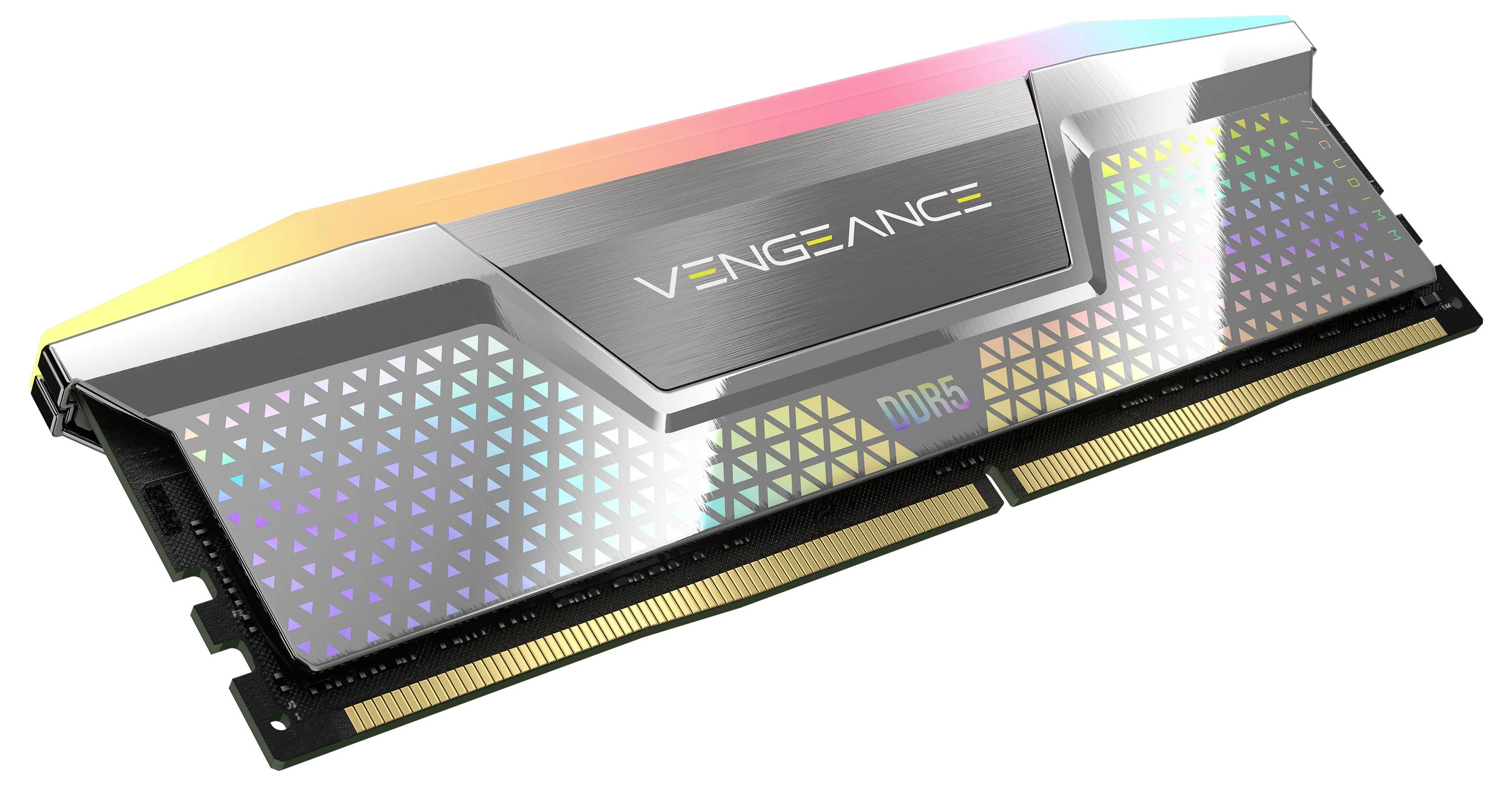 DDR5-RAM-Modul mit RGB-Beleuchtung und silbernem Gehäuse. Aufschrift 'Vengeance'.