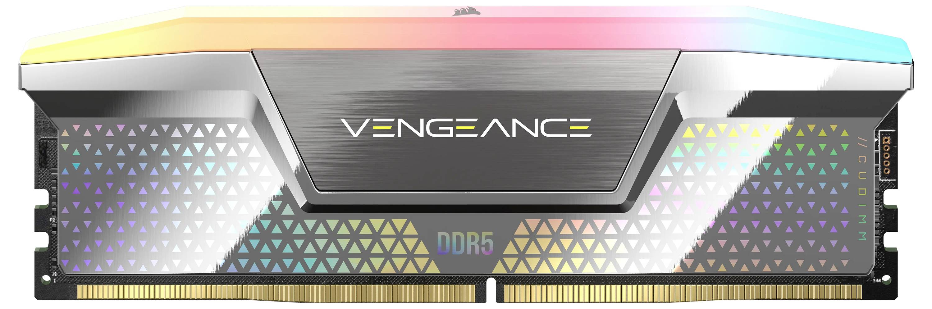 Ein RAM-Modul von Corsair mit RGB-Beleuchtung oben und 'Vengeance DDR5' in der Mitte; für Hochleistungscomputing geeignet.