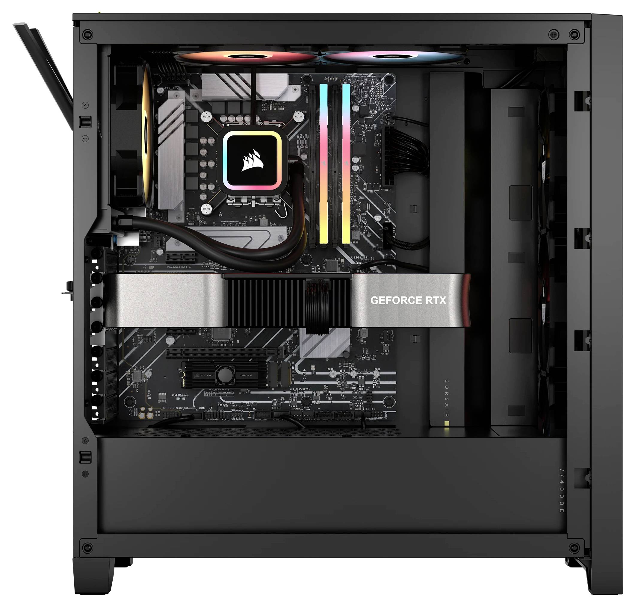 'Offener schwarzer Computergehäuse mit sichtbarer Hardware, einschließlich einer GeForce RTX-Grafikkarte und RGB-beleuchtetem CPU-Kühler.'