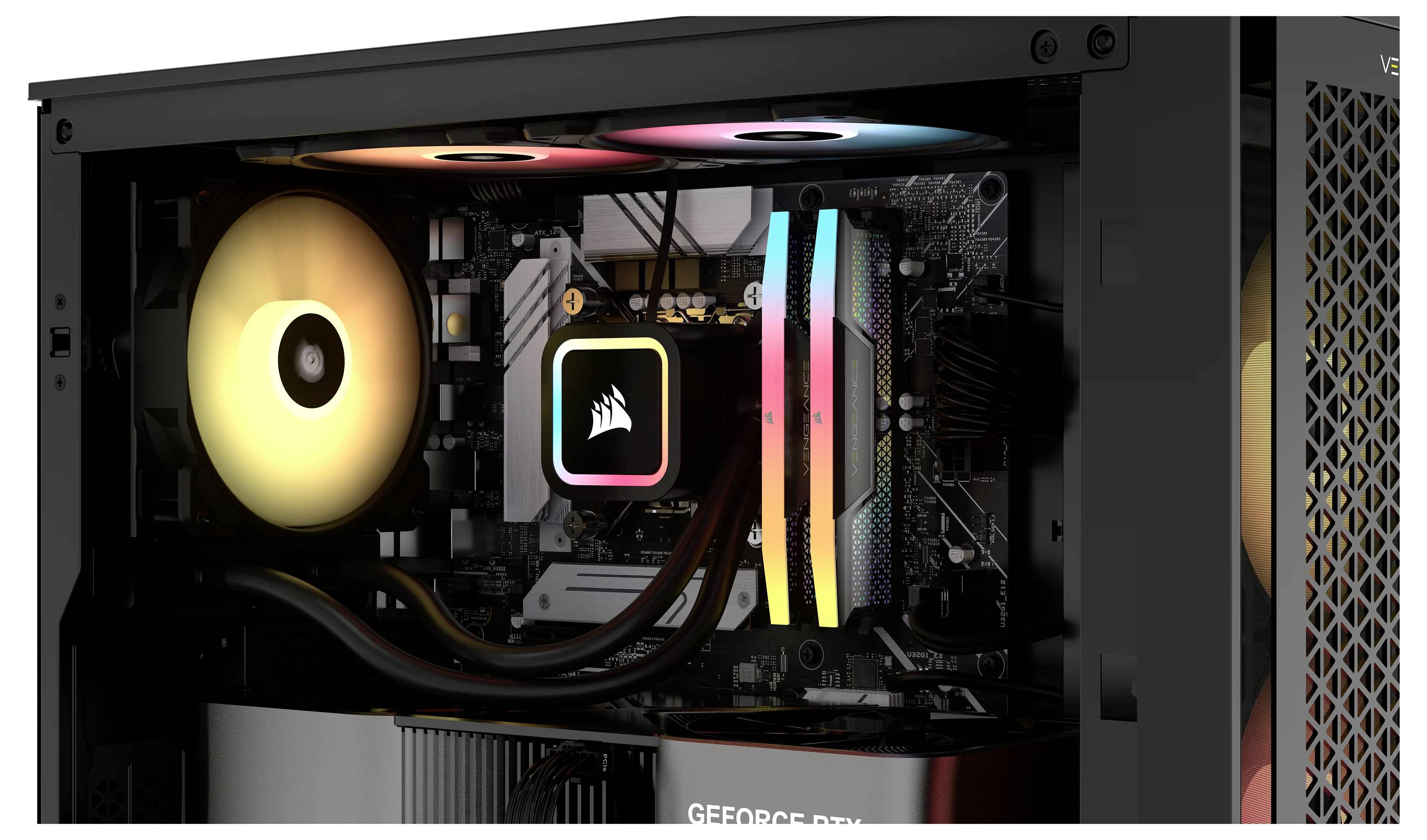 Computergehäuse mit beleuchteter Kühlung und Hauptplatine. Auffällig sind die RGB-Lichter an Lüftern und RAM.