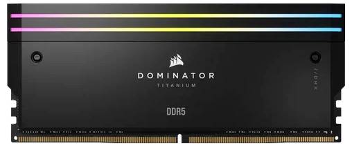DDR5-RAM-Modul 'Dominator Titanium' mit RGB-Beleuchtung, schwarzem Design und Markenlogo.