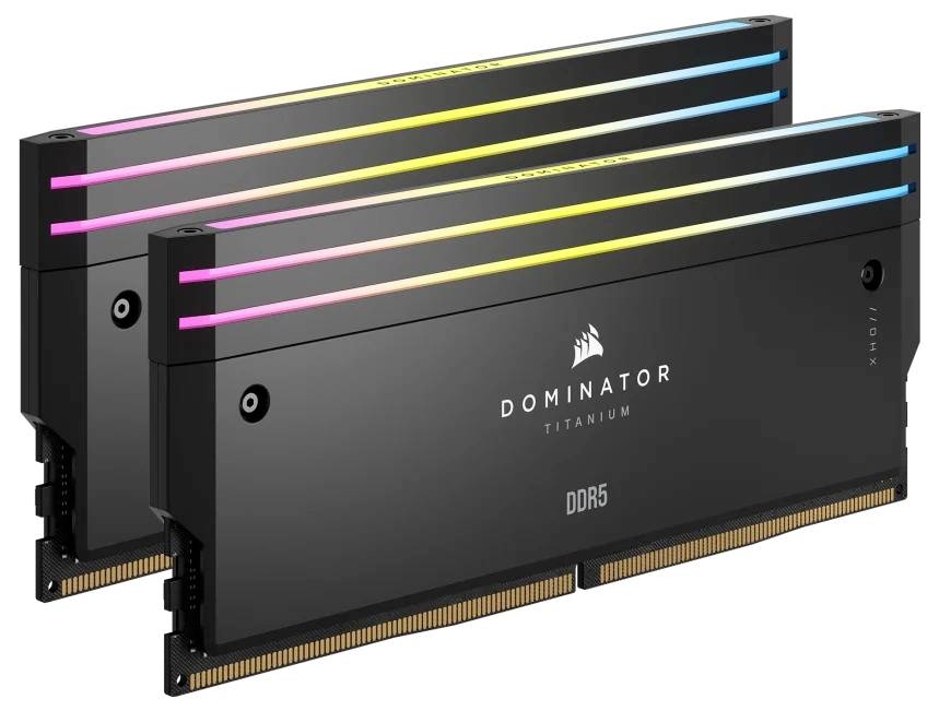 Zwei Corsair DDR5 RAM-Riegel mit RGB-Beleuchtung.