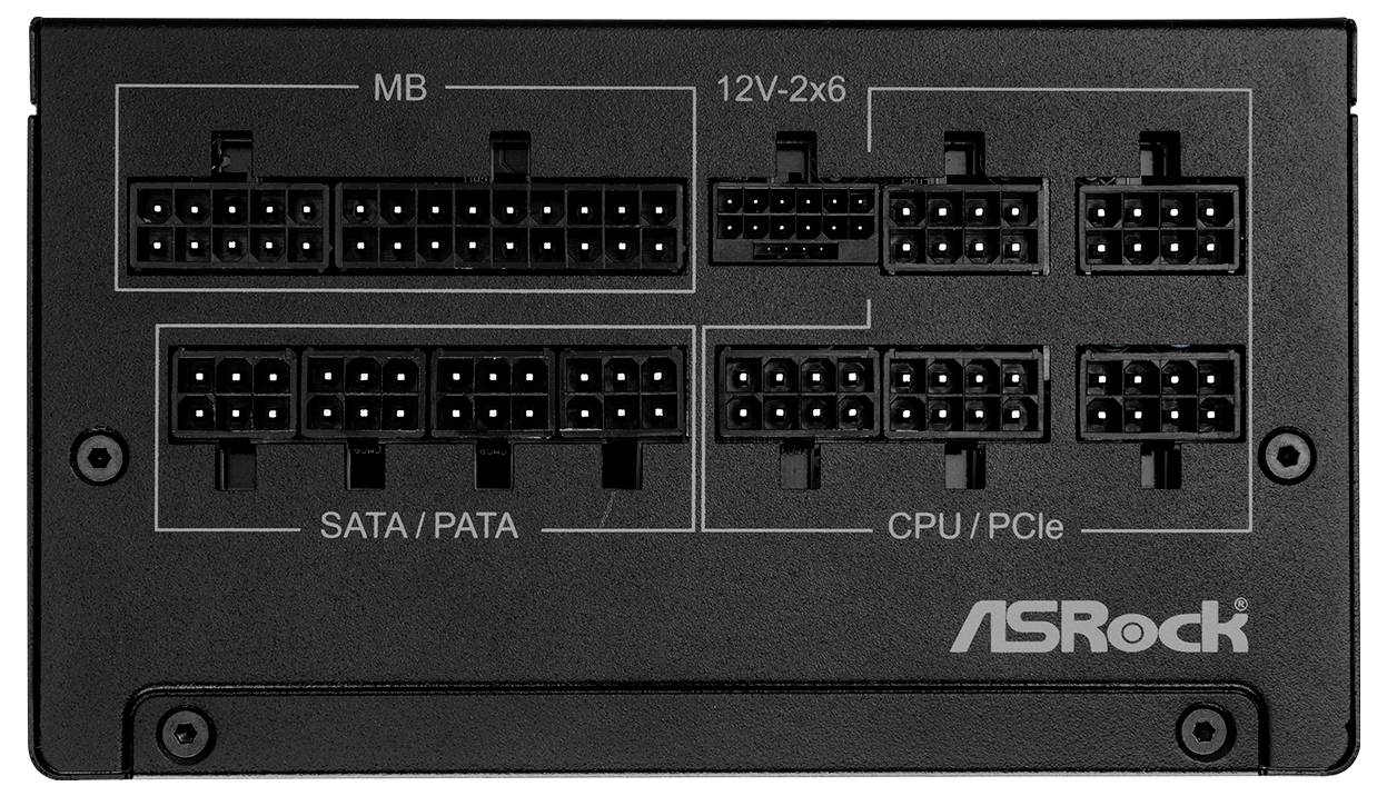 'Rückseite eines ASRock-Netzteils mit Anschlüssen für MB, 12V-2x6, SATA/PATA und CPU/PCIe.'