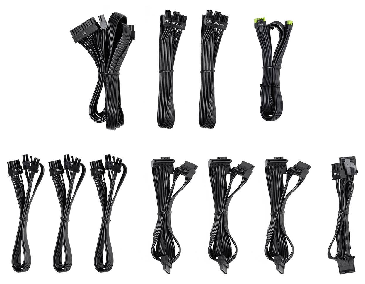 'Schwarze PC-Kabel verschiedener Arten und Längen, arrangiert in zwei Reihen. Obere Reihe hat kürzere Kabel, untere längere.'