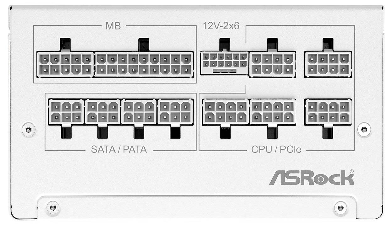 Netzteilanschlüsse auf einer Platine, mit Beschriftungen 'MB', '12V-2x6', 'SATA/PATA', 'CPU/PCIe'. Markenlabel 'ASRock'.