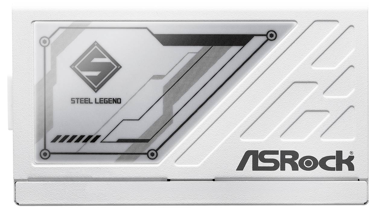 Weißer Computerteil mit geometrischem Muster; Logos 'Steel Legend' und 'ASRock' sichtbar.