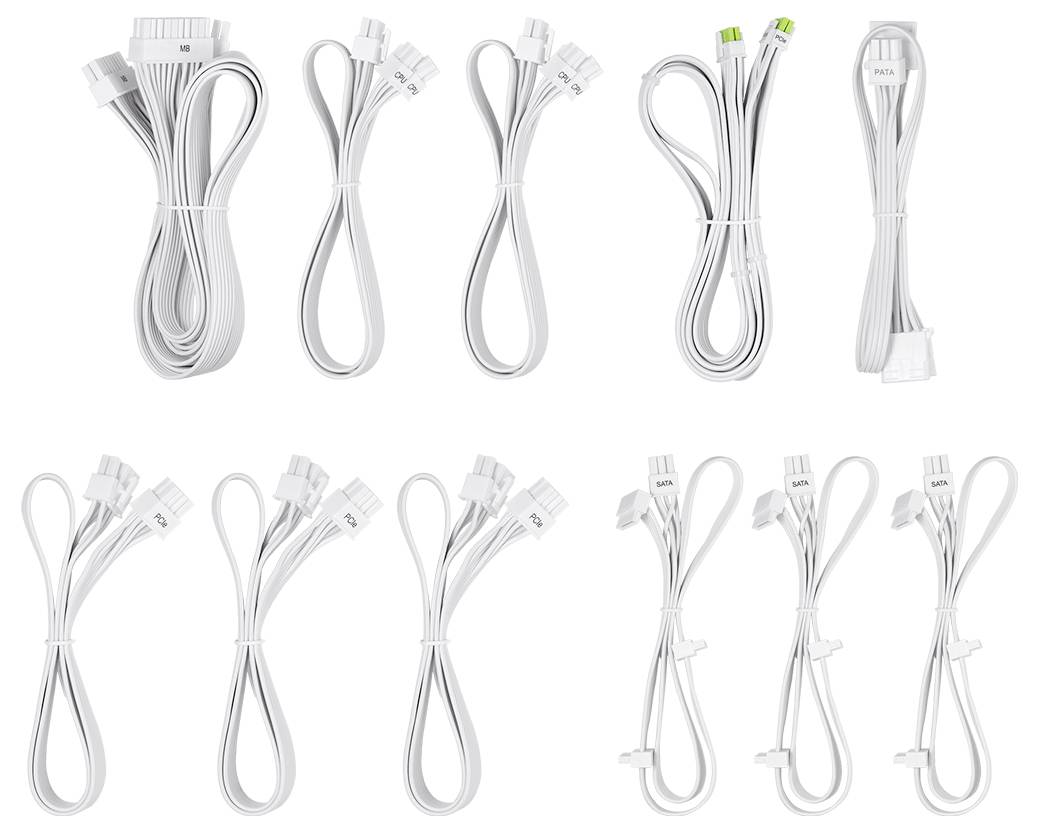 Zehn weiße Kabel unterschiedlicher Längen und Anschlüsse, geordnet in zwei Reihen. Sie sind für PC-Netzteile gedacht.