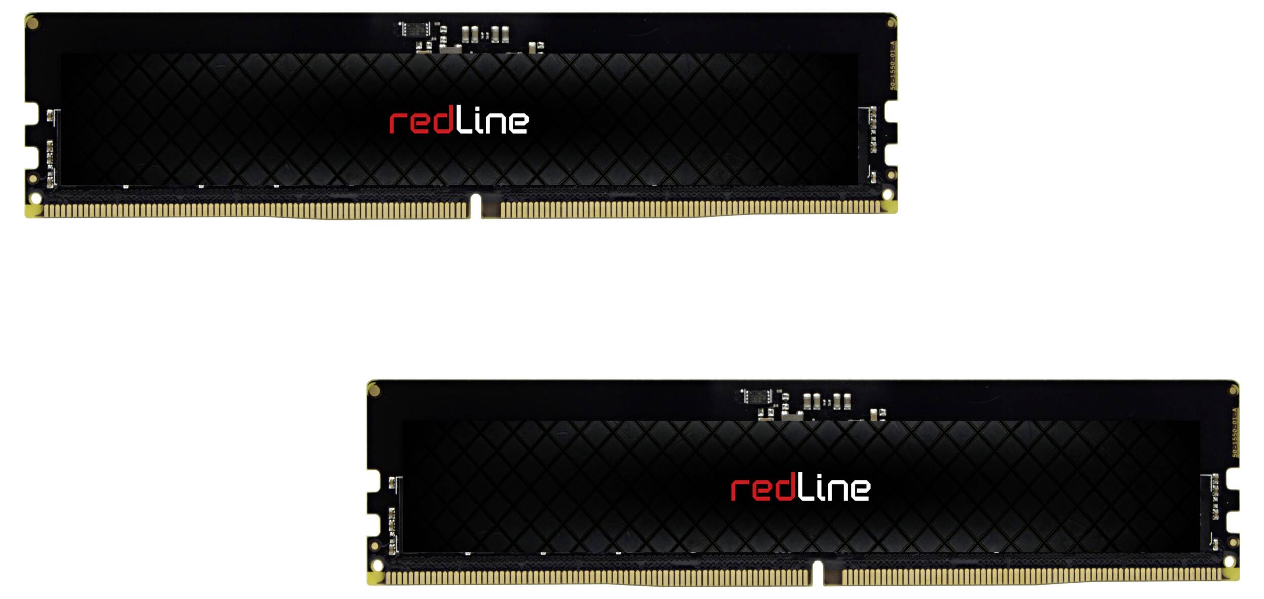 Zwei RAM-Module mit schwarzem Design und rotem 'redLine'-Logo in der Mitte. Sie sind für Computer verwendet.
