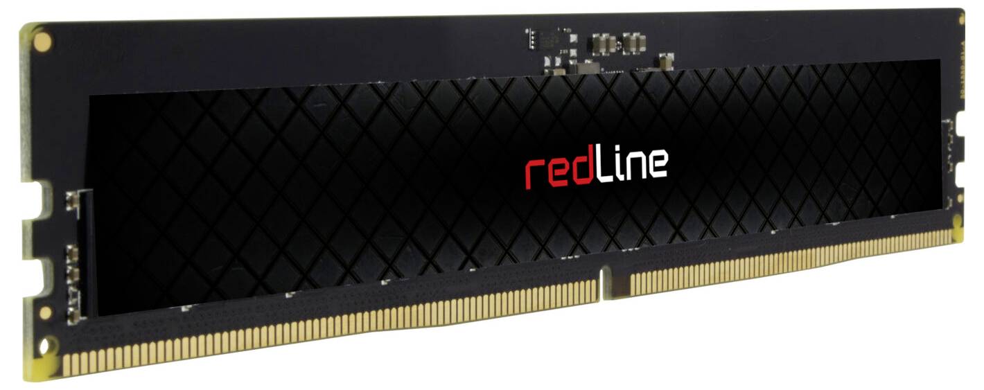 RAM-Modul mit der Aufschrift 'redLine' in der Mitte. Schwarzes Design mit goldfarbenen Kontakten am unteren Rand.