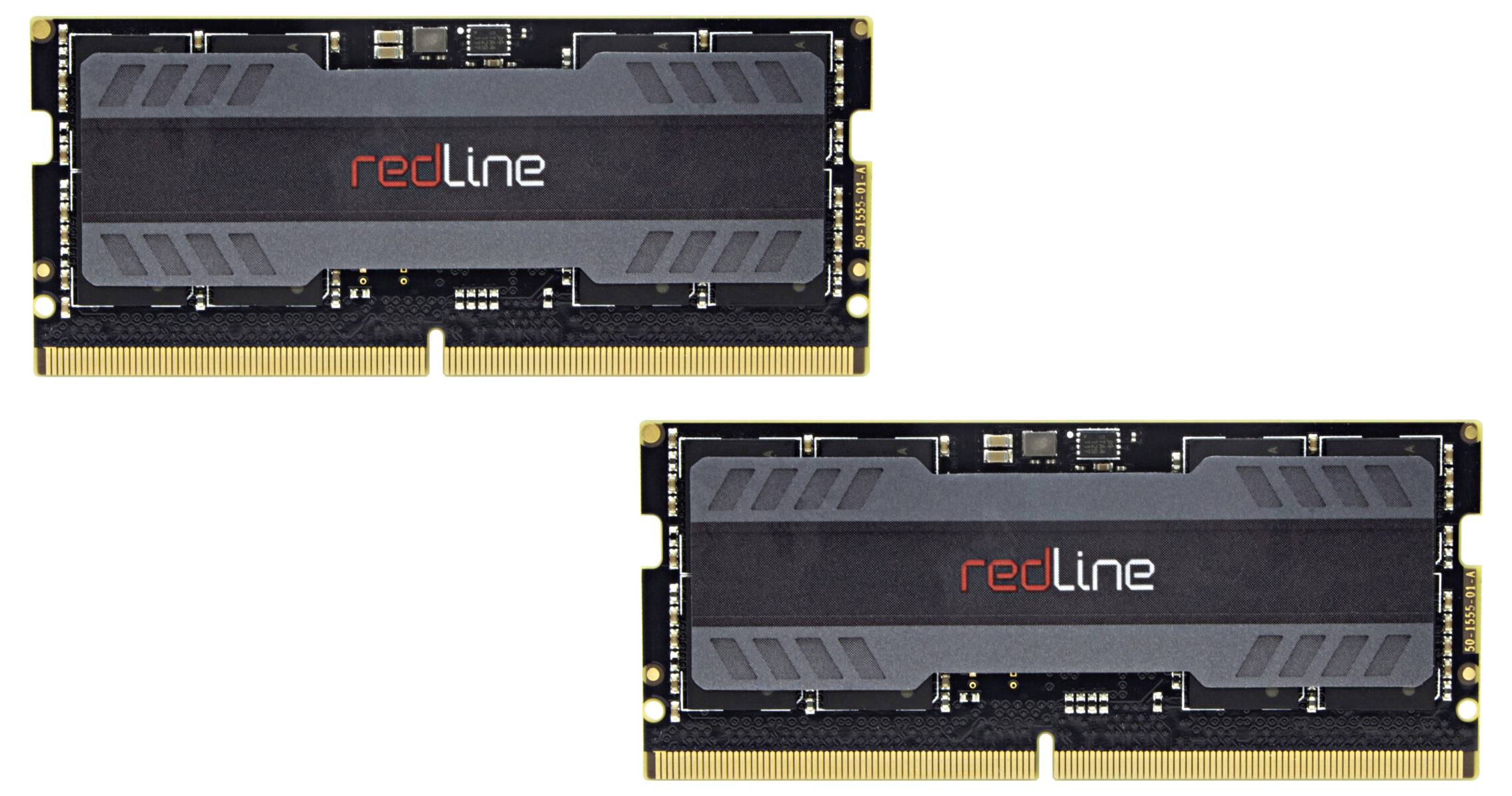 Zwei RAM-Module mit schwarzem Kühlkörper. Aufschrift 'redline'. Geeignet für Computeraufrüstung zur Leistungssteigerung.