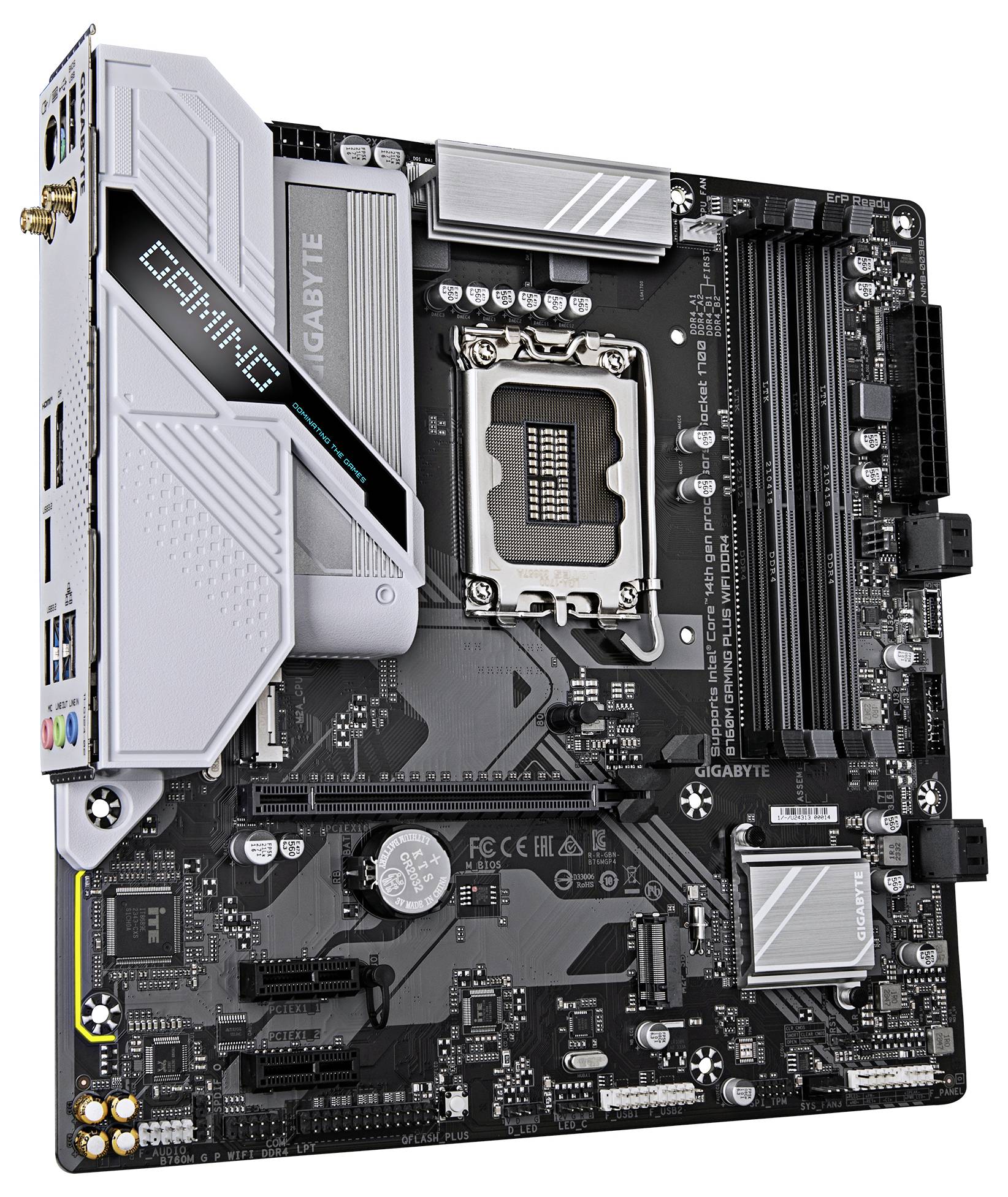 Motherboard im ATX-Format mit schwarzem PCB; darauf sind CPU-Sockel, RAM-Slots und erweiterte Kühlkörper sichtbar. Geeignet für Gaming-PCs.