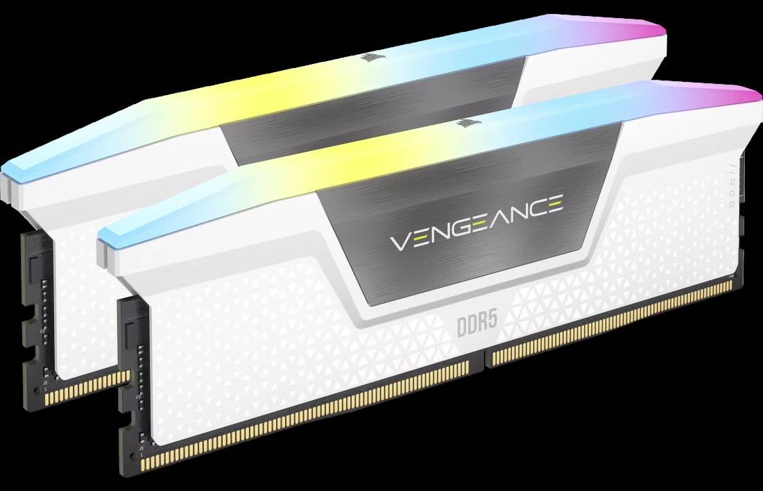 Zwei RAM-Module mit RGB-Beleuchtung, beschriftet mit 'Vengeance DDR5', auf schwarzem Hintergrund.