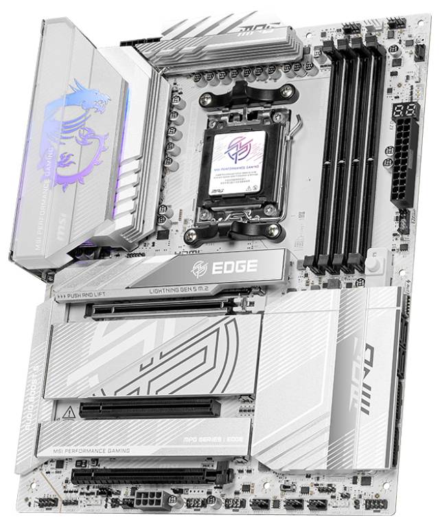 Eine silberne Hauptplatine mit mehreren RAM-Steckplätzen, CPU-Sockel in der Mitte und dezentem Drache-Logo auf der linken Seite.