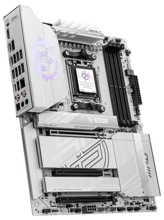 Ein weißes Computer-Mainboard mit schwarzen Details und mehreren Steckplätzen für Komponenten. Links oben befindet sich eine bunte Drachenillustration.
