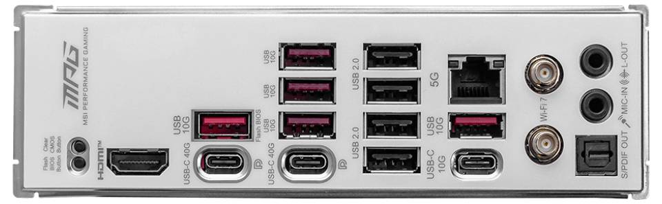 Rückseite eines Computer-Motherboards mit verschiedenen Anschlüssen, einschließlich USB-, HDMI- und Audioanschlüssen.