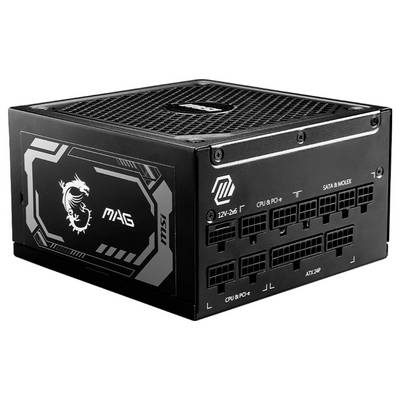 Computer-Netzteil mit schwarzem Gehäuse und mehreren Anschlussbuchsen seitlich, darunter 'CPU' und 'SATA'. Aufdruck mit Drachenmotiv.