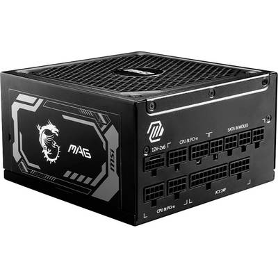 Ein schwarzes, modulares PC-Netzteil der Marke MSI mit mehreren Anschlussmöglichkeiten, einschließlich CPU, SATA und PCIe.