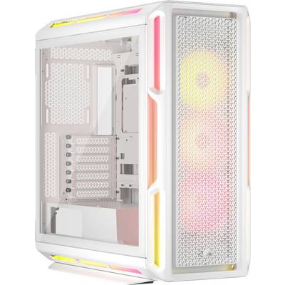 Weißes Computergehäuse mit transparentem Seitenteil, sichtbaren Lüftern und bunten RGB-Lichteffekten.
