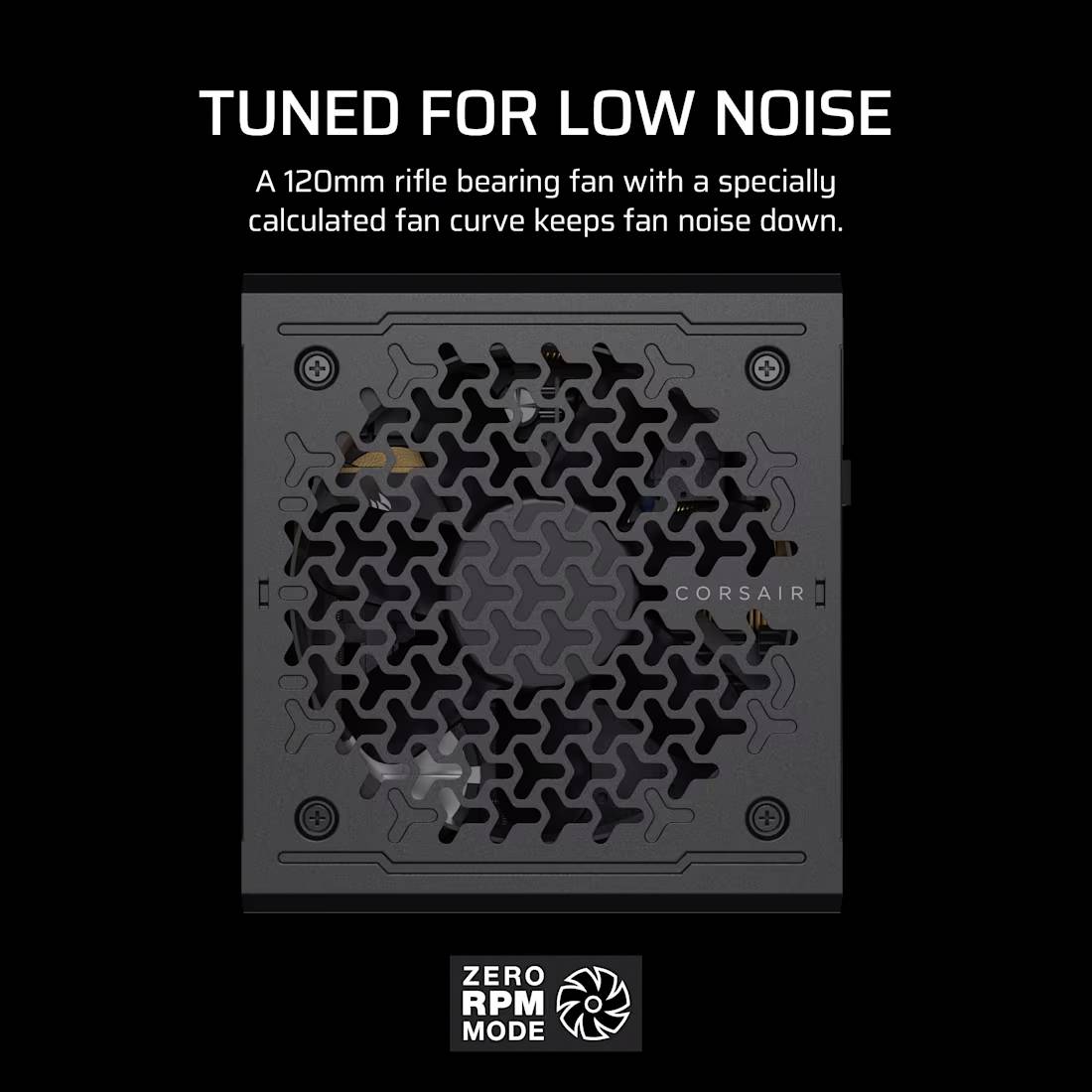 Schwarzes Netzteil mit Lüfter, grauem Gitter und Logo. Text oben: 'Tuned for low noise'; unten 'Zero RPM mode', mit Lüftersymbol.