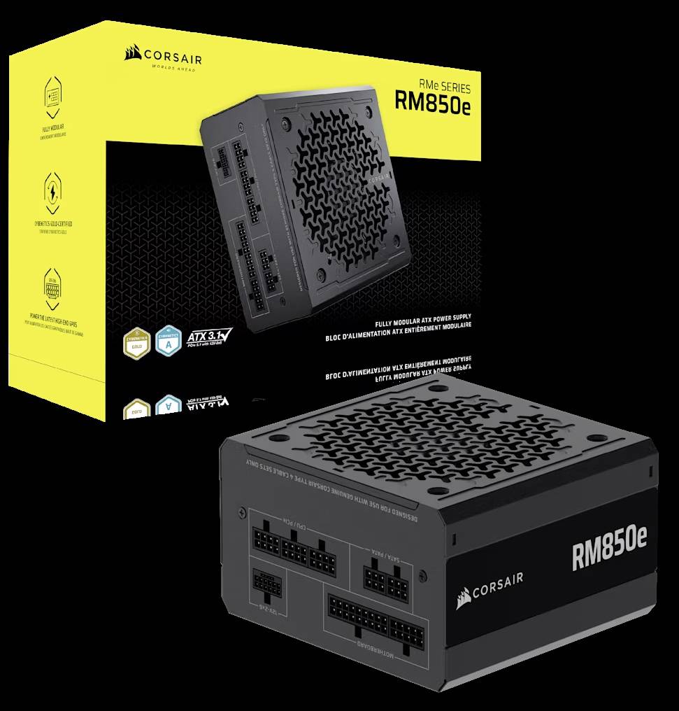 Corsair RM850e Netzteil vor seiner Verpackung. Die Verpackung zeigt Logos für Effizienz und modulare Kabel.