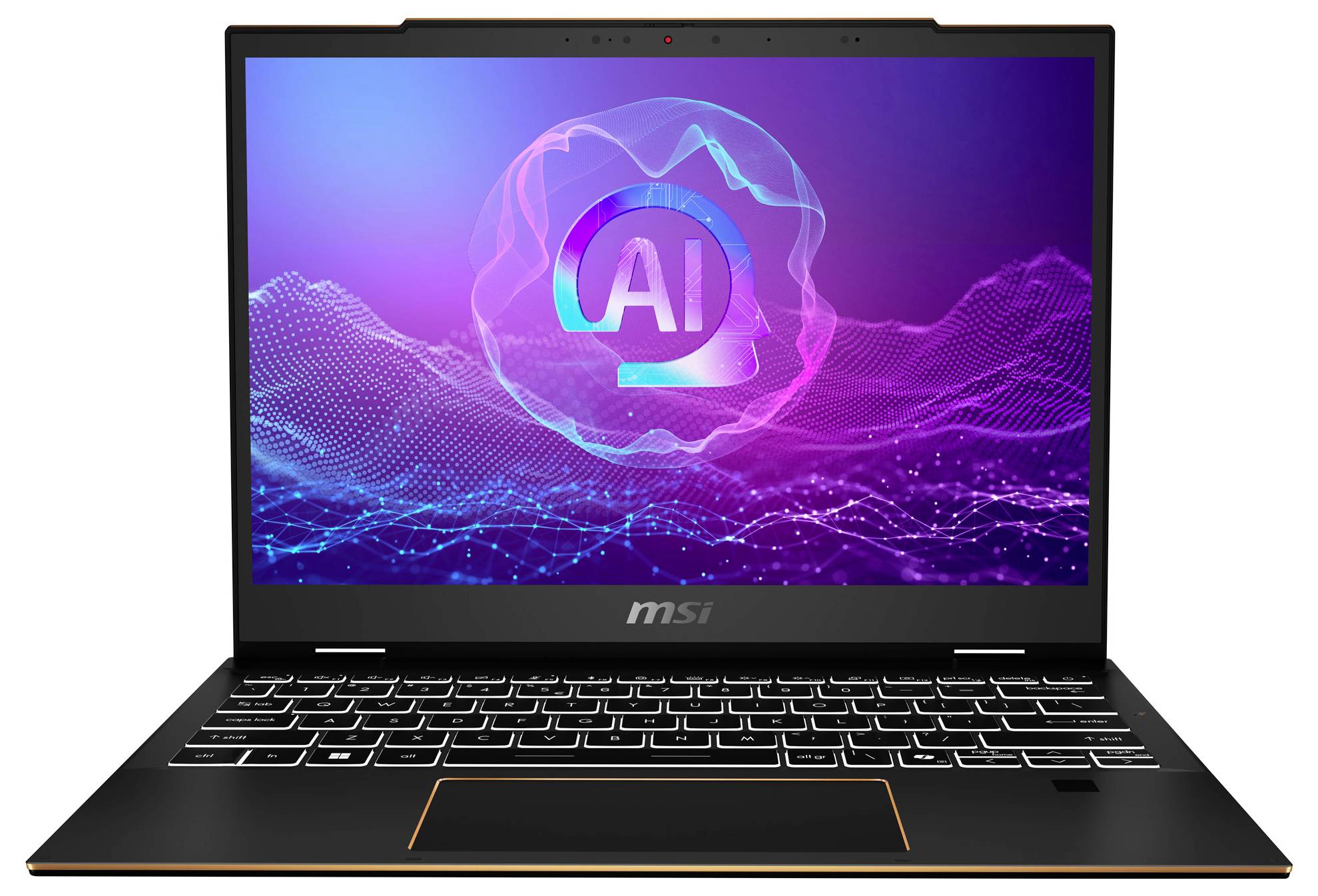 Ein Laptop mit einem Grafikinterface auf dem Bildschirm, das das Symbol 'AI' zeigt. Der Hintergrund ist in lila und blau gehalten.