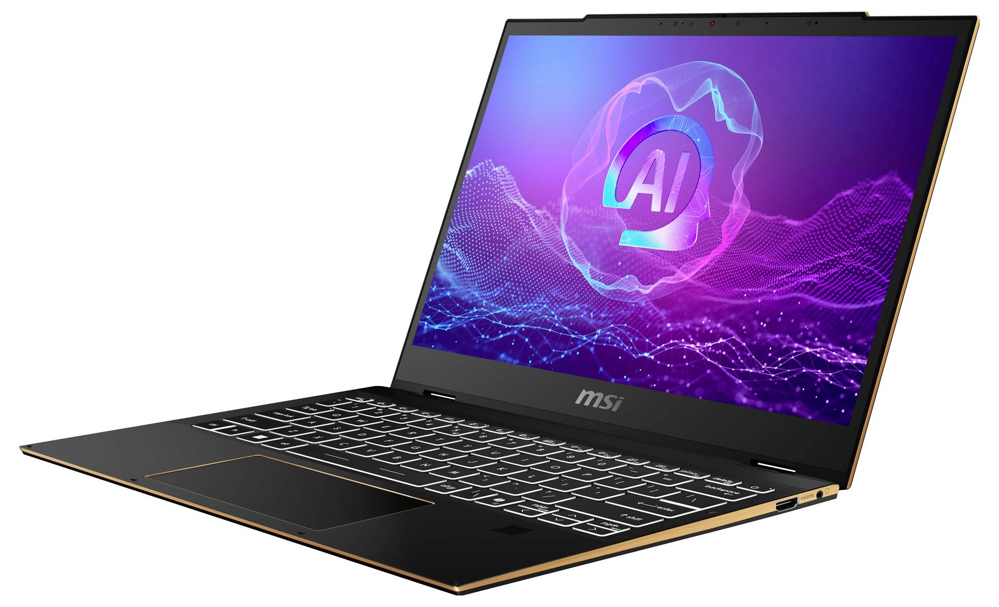 Laptop mit aufgeklapptem Bildschirm zeigt ein farbenfrohes 'AI'-Logo auf der Anzeige, Symbolik für künstliche Intelligenz.